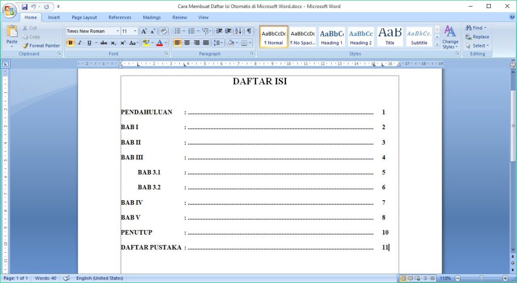cara membuat daftar isi di word 2010