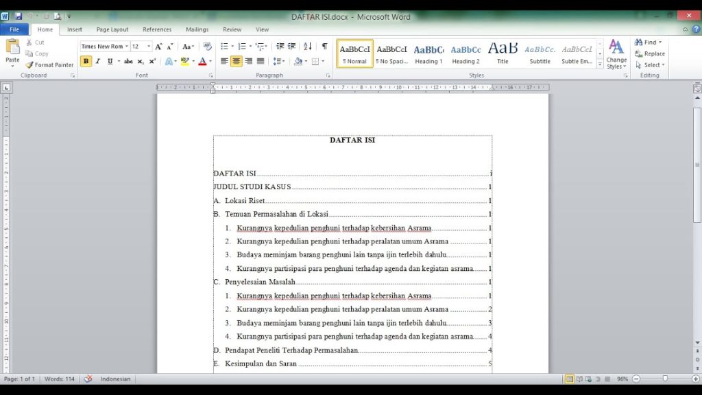 cara mudah membuat daftar isi di word 2010